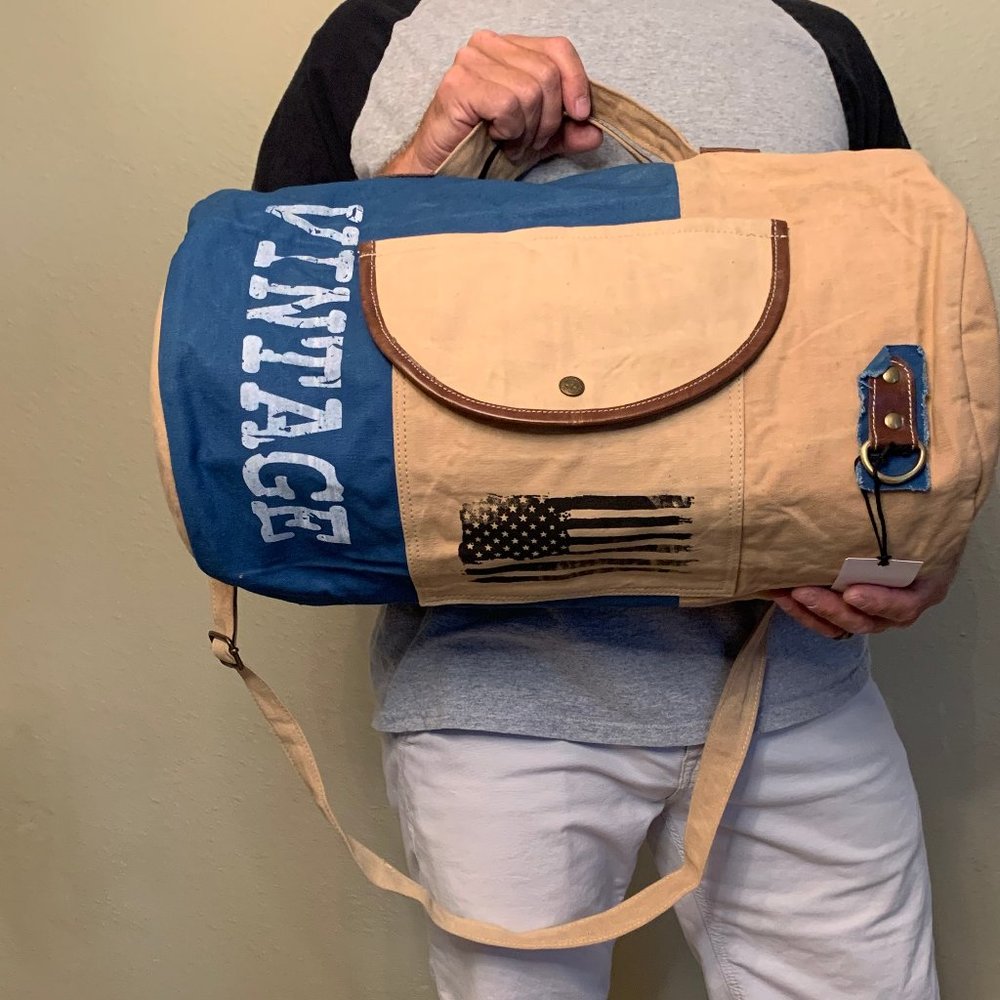 NWT "Vintage & Flag Print" Duffel Bag - Upcycled